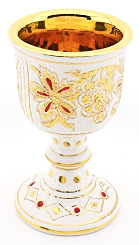 ART ESCUDELLERS CALIZ/Copa Multicolor en Ceramica Pintada a Mano con Oro de 24K, Decorado al Estilo BIZANTINO Blanco. 11cm x 11cm x 18,5cm