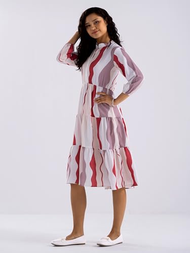 Image of AASK Women Diamond Creap Striped Printed Mandarin Collar Fit & Flare Dresss
