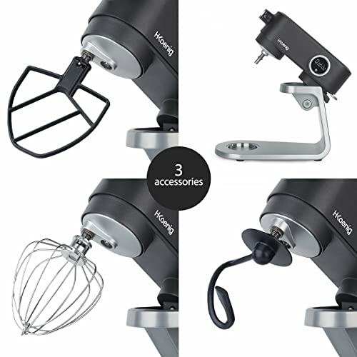 H.Koenig Robot de cocina multifunción 5L KM120 en acero INOX Gris, Robot pastelero, 8 velocidades, Batidor, Mezclador, Gancho Amasador, Tapa anti-salpicamiento, Potente 800 W - imagen 7