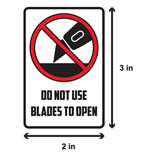 2"X3" Rectangular - Do Not Use Blades To Open - In Bold Texts & Pictogram - International Instruction Caution Warning Labels - Semi-Gloss Coated, Strong Adhesive [300 Labels/Roll, 1 Roll=300 Labels] #TOP1
