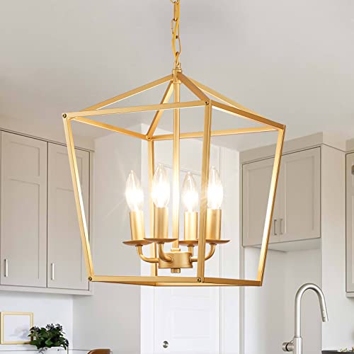 4-Light Gold Farmhouse Chandelier, Industrial Ceiling Light Lantern Chandelier With Rustic Metal Cage Adjustable Height Rustic Hanging Light E12 Base For Kitchen Island, Dining Room Or Entryway #TOP1