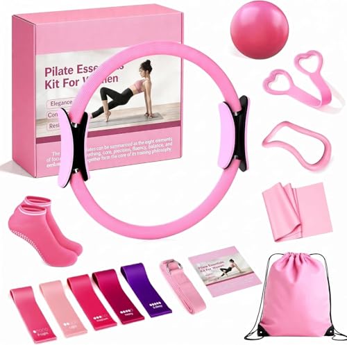 PATISYNC 13Pcs Pilates Essentials Kit for Women, Pilates Equipment for Home Workouts with Magic Circle, Mini Ball, 5 Resistance Bands, Pilates Starter Set for Strength, Toning and Flexibility, Pink
