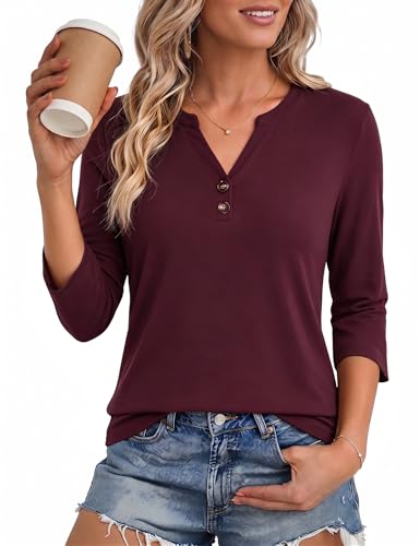 Aottori T Shirt Femme Henley Manches 3/4 Boutonné Uni Bordeaux L