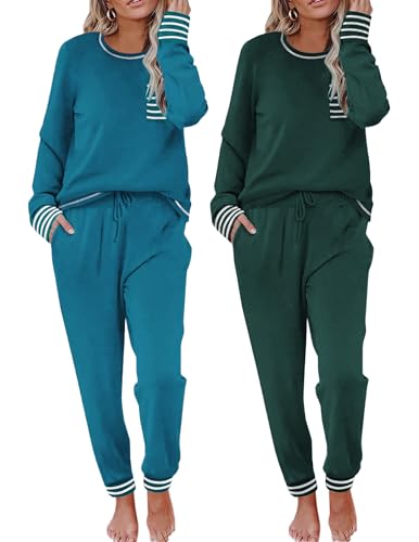 Image of Ekouaer 2 Pack Womens Pajama Sets Long Sleeve Lounge Sets Soft Pj Sleepwear Loungewear