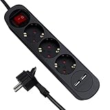 RealMade 3-Fach Steckdosenleiste USB, 3680W Mehrfachsteckdose mit 2 USB-Anschlüsse 5V/2.4A, Steckdosenleiste mit Schalter und Kindersicherung, 3m Kabel Steckerleiste für Smartphones Tablets -Schwarz