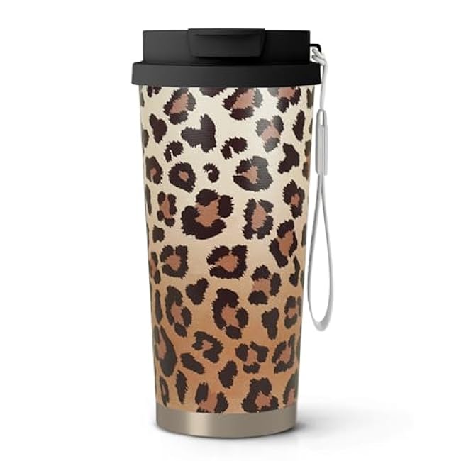 18 oz(530ml) Leopard Print Stainless Vacuum Steel Insulated Coffee Travel Mug Cup Water Bottle Tumbler with Straw,Leopard Decor/Accessories for Women