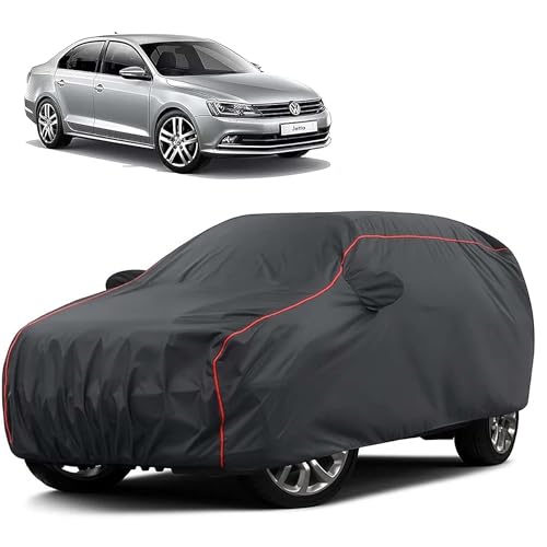 Image of Sulfar 100% Water Resistant Car Body Cover Compatible with Mirror for Volkswagen Jetta (Triple Stitched, Full Bottom Elastic, Dark Grey Taffeta with Red Piping)