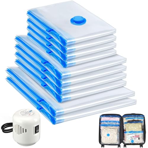10-Pack Travel Vacuum Storage Bags with Electric Pump - Space Saving Compression Bags for Clothing Luggage & Bedding - Airtight Reusable & Leakproof