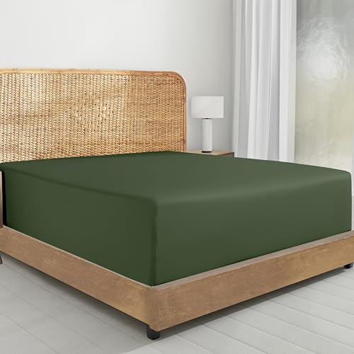 California Design Den Fitted Sheet Queen Only - 100% Organic Cotton Percale Fitted Sheet with Deep Pockets, Lightweight, Crisp and Durable - Olive Green