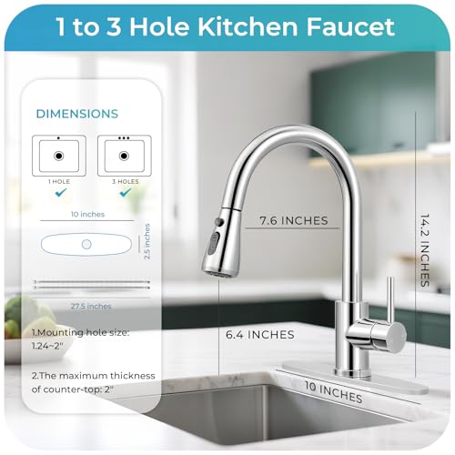 Image of Kitchen Faucet with Pull Down Sprayer - Polished Chrome Single Handle Kitchen Faucets, High Arc Stainless Steel Pull Out Kitchen Sink Faucet with Deck for RV Laundry Farmhouse Bar