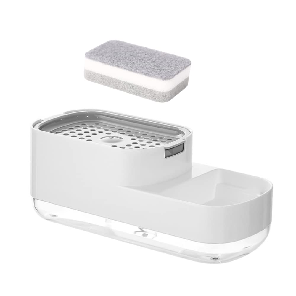 WEYSH 2 in 1 Soap Detergent Dispenser Pump and Sponge Holder Rack Shelf, Dishwashing Hand Soap Dispenser for Kitchen and Bathroom with One Cleaning Sponge
