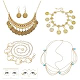 7 Stücke Wahrsagerin kostüm Accessoires, Gold Flash Makeup Aufkleber Gesicht Tattoo, Halskette, Ohrringe, Haarkette, Armband, Gürtelkette, Indischer Schmuck, für Gesichtstattoo Karneval, Mottoparty