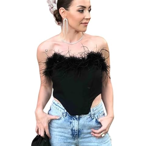 TOPMELON Furry Bustier Crop Corset Top Strapless Boned Tube Top Backless Push Up Corset Top Sexy Bodyshaper Corset Fashion Slim Party Crop Top Black Cover