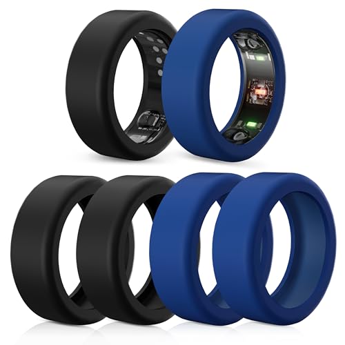 Lot de 6 protections de bagues compatibles avec Oura Ring Gen 4/Oura Ring Gen 3/Samsung Galaxy Ring/Ultra Human Ring Air/RingConn, anti-chute en silicone (noir x 3 + bleu x 3, S pour 5-10)