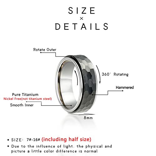 8Mm Titanium Fidget Wedding Rings Black Ceramic Hammered Spinner Rings For Men Women Silver, Nickel Free Anxiety Promise Engagement Ring Finger Band Comfort Fit Size 13.5 #TOP6