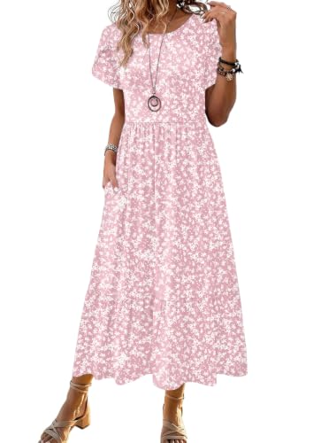 Image of Zeagoo Women Summer Midi A Line Dress Short Sleeve Casual Flowy Tiered Beach Long Sundress with Pockets 2026 Vacation Travel