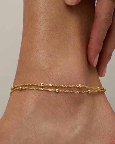 Image of PAVOI 14K Gold Plated Anklet for Women - Trendy Link Chain Ankle Bracelet Summer Jewelry - Boho Dainty Anklets with Cubic Zirconia, Beaded, Evil Eye, Star, Station, Pearls Adjustable Gold Jewelry