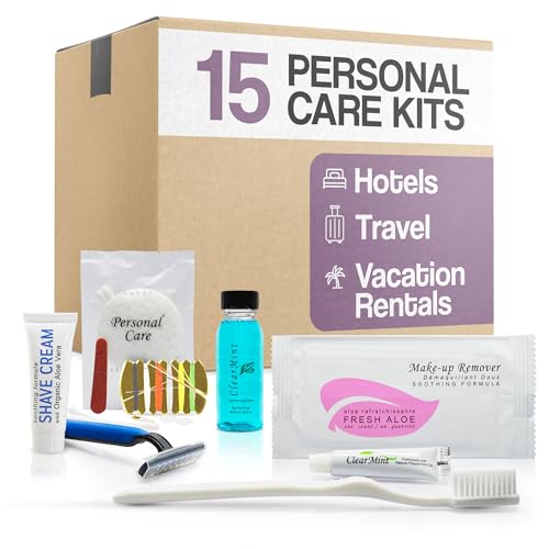 Personal Care Travel Toiletries | 1-Shoppe Amenities Kit | Travel Shaving Set, Toothbrush & Paste, Mouthwash, Makeup Wipes, Swabs, Nail File & Sewing Kit | 75 Pieces