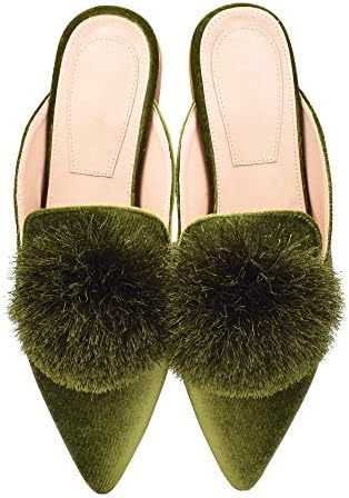 Fericzot Mules for Women,Slip On Backless Loafers Flats Puff Pompom Pointed Toe Casual Shoes Slippers Green 9
