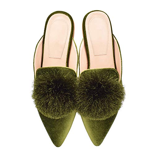 Fericzot Slip-On Pantolette, rückenfrei, flach, mit Pompon, spitz zulaufender Zehenpartie, Freizeitschuhe, Gr n (grün), 38 EU