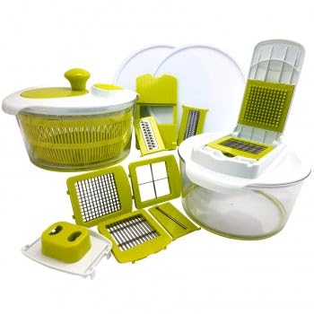 10-in-1 Multi-Use Salad Spinning Slicer, Dicer and Chopper with Interchangeable Blades and Storage Lids