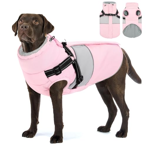 AOFITEE Hundemantel Winter Grosse Hunde, Warme Hundejacke Wintermantel mit Geschirr, Wasserdicht Hunde Winterjacke Warmer Hundemäntel Fleece Winterweste für Labrador, Windhund, Golden Retriever, 2XL