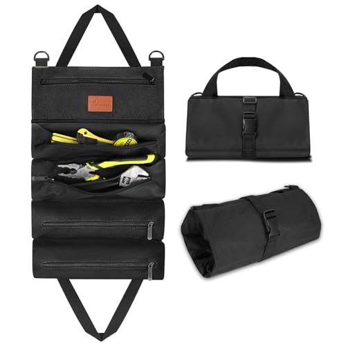 MORROWIND Bolsa de Herramientas Enrollable, Organizador Portátil Resistente con Oxford Impermeable Y Bolsillo con Cremallera, Bolsa Enrollable para Mecánicos Electricistas Y Reparadores, Negro