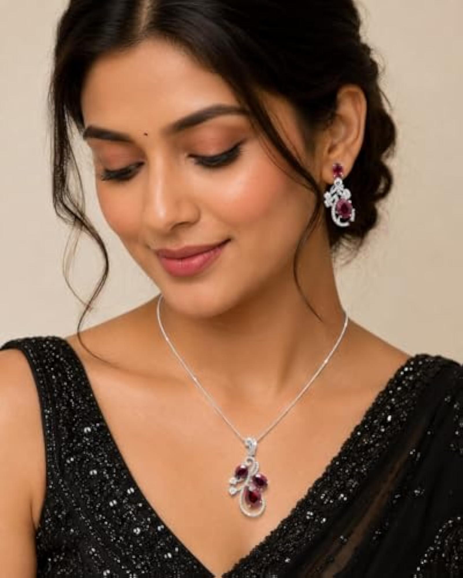 Women's Premium CZ Ruby Stone Pendant Set with Earrings in Rhodium Silver Polish