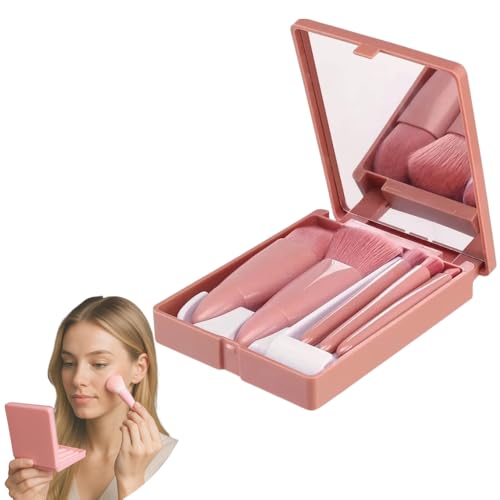 Kit 5 Pincéis de Maquiagem com Estojo e Espelho Portátil Possui Cerdas Macias Ideiais para Base, Pó, Blush, Sombras e Corretivo, Perfeito para Levar na Bolsa e em Viagens