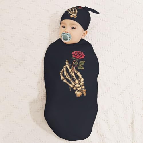 Image of Skeleton Hand Holding Rose Newborn Swaddle Blanket with Beanie Set Soft Baby Sack Stretch Adjustable Swaddle Wraps Receiving Blankets