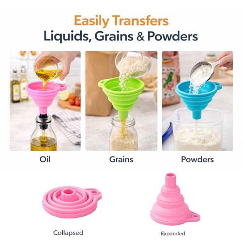 Image of Oblivion Funnel For Kitchen - Silicone Collapsible Foldable Oil Funnel for Dispenser - Food Grade Heat Resistant Liquid Transfer Tool - Space Saving Funnel for Kitchen, Bathroom & Garage (Pack of 4)