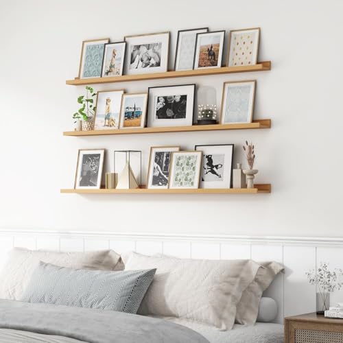 Image of Genuine Decor 56 Inch Natural Wood Wall Mounted Shelf, Long Display Shelf