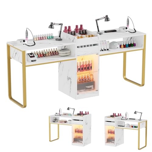 Table Manucure, Table Onglerie Professionnel en Bois avec Tiroirs, Vitrine avec éclairage LED réglable, marbre-Blanc-Or, Tables Prothésiste Ongulaire Double Moderne...