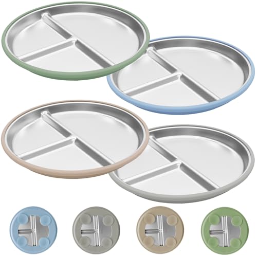 Image of JVEOO Stainless Steel Toddler Plates with Suction, 4 Pack Kids Baby Plates Set with Sturdy Silicone Suction Base Easy to Clean 9 inch
