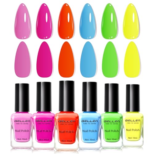 GELLEN Neon Nail Polish Set 6 Colors Bright Rainbow Nail Polish Quick Dry Fluorescent Orange Pink Blue Yellow Green Purple Nail Lacquer Fingernail Toenail Polish DIY Manicure Gift for Summer