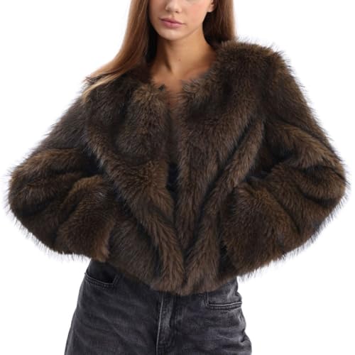Amazhiyu Women's Faux Fur Long Sleeve Open-front Winter Cropped Coat with Pockets