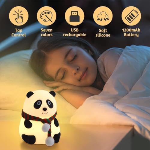 Image of Panda Light Night Lamp For Kids Soft Silicone 7-Color LED Nightlight | Rechargeable & BPA-Free | Cute Bedroom Decor & Gift For Sister, Toddlers, Teens & Valentine's Day,Black & White
