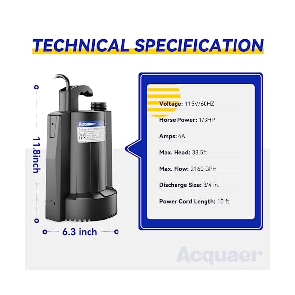 Acquaer 13 hp automatic submersible water pump 115v sump pump with 34 garden hose check valve adapter2160 gph high flow water removal for swimming pool cover hot tubs flooded house basement  urban country home decor