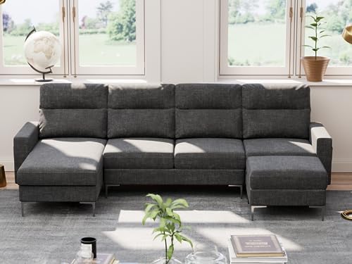 FurniwellConvertible Sectional Sofa Couch, 4 Seat Sofa Set for Living Room U-Shaped Modern Fabric Modular Sofa Sleeper with Double Chaise & Memory Foam (Fabric, Dark Grey)