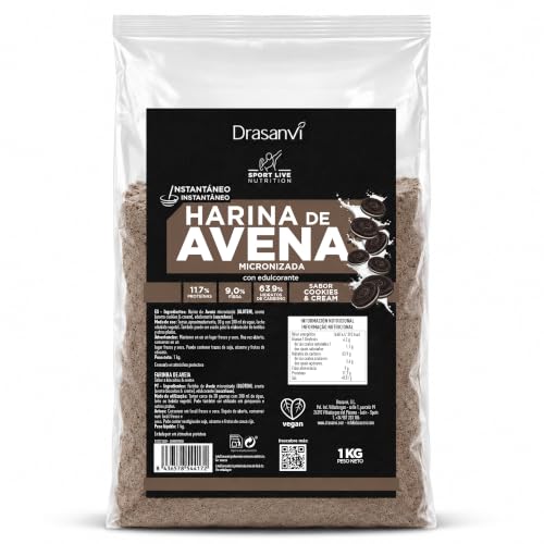 Harina de Avena Micronizada Cookies&Cream Sport Live Drasanvi 1kg | Fuente Natural de Proteinas y Vitaminas del Grupo B y E, Alto Contenido en Fibra, Ideal para el Desayuno, Sport Live