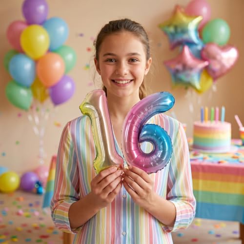Image of TONIFUL 2 Set Colorful Gradient Number Balloons 16 Inch 0-9 Mylar Foil Balloons 20 Pcs Rainbow Small Custom Digital Ballons for Birthday Baby Shower Graduation Anniversary Party Decorations