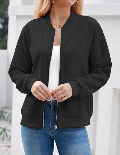 Image of WROLEM Women's Zip Up Cardigan Sweater Cable Hoodies Long Sleeve Jacket Outfits Crewneck Casual Coat Black