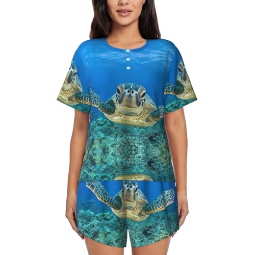 Pyjama 2 pièces femme manches courtes à poches motif tortues de mer