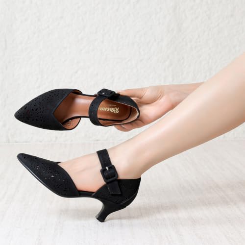 Image of RIBONGZ Comfortable Kitten Heels for Women Pointed Closed Toe Ankle Strap Buckle Heels Slip on Low Heel Church Pumps Wedding Bridal Party Dressy Shoes