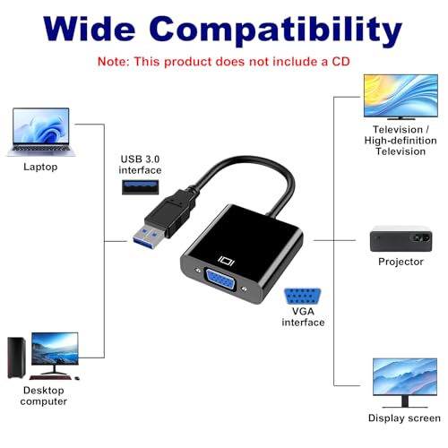 Solryn USB auf VGA Adapter, 1080P Full HD Video Konverter, USB 3.0 zu VGA Adapter, Video Grafikkabel Konverter Externe Grafikkarte für PC, Laptop, Kompatibel mit Windows 10/8.1/8/XP