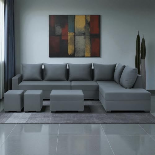 Image of FURNY Gloria 8 Seater Fabric RHS L Shape Sofa Set with 1 Centre Table & 2 Puffy (Dark Grey) Premium Velvet Finish | Durable Comfort | Ideal for Living Room