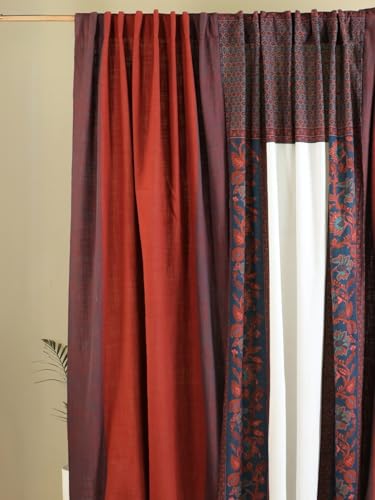 Image of Peepul Tree Mix & Match Solid & Floral Door Curtains Brick Red & Blue | 7 Feet | Set of 3 | 2 Woven & 1 Printed Curtain| 60-70% Light Blocking| Semi Blackout| Pure Cotton | Back Loop Curtains