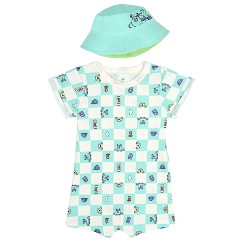 Disney Monsters Inc. Newborn Baby Boys Romper and Bucket Sun Hat Outfit Set Monsters Inc Aqua Green 6-9 Months