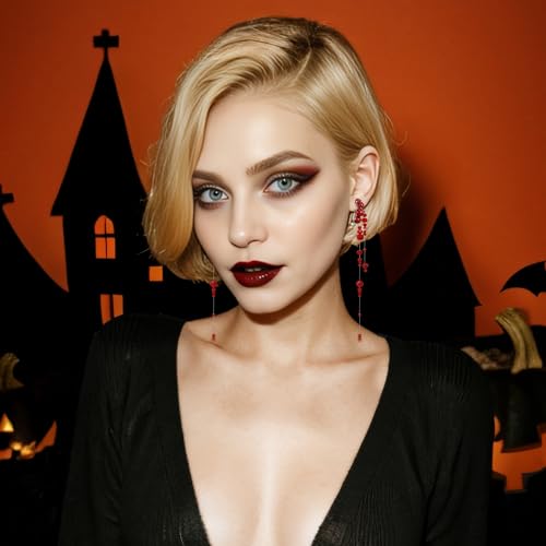 EVER FAITH Halloween Jewelry Dripping Blood Imitation Pearls Earrings for Women, Gothic Faux Pearl Costume Cosplay Accessories Dangle Long Earring for Vampire Party2