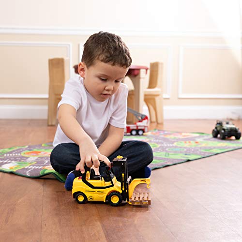 Toy To Enjoy Forklift Truck With Pallet & Cargo – Friction Powered Wheels & Manual Lifting Control - Heavy Duty Plastic Lifting Vehicle Toy For Kids & Children #TOP4